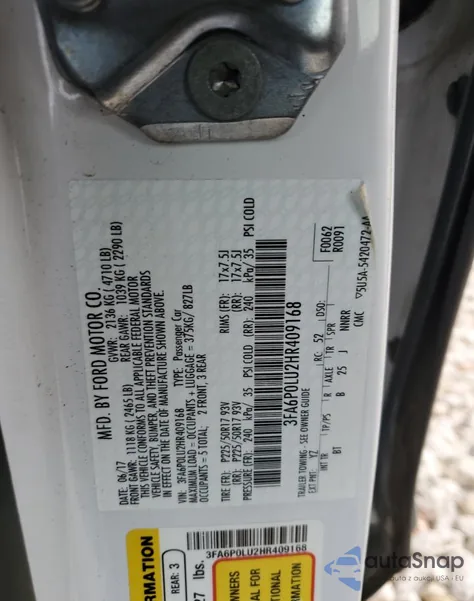 2017 Ford Fusion Se Hybrid z USA, uszkodzony, nr VIN 3FA6P0LU2HR409168